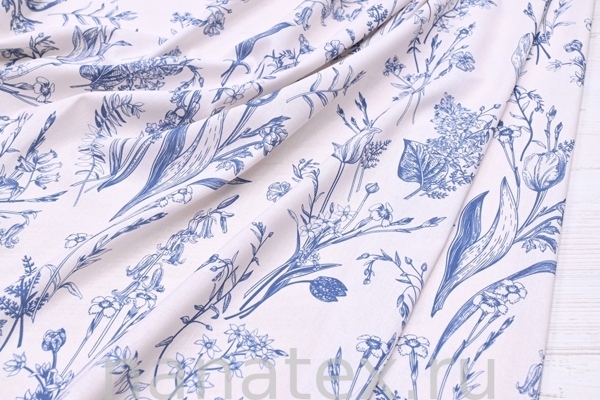 ТКАНЬ ПЛАТЕЛЬНАЯ ЛЁН ВИСКОЗА 6104/200423 Цветы синие на кремовом
