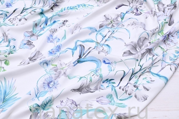 ТКАНЬ ПЛАТЕЛЬНАЯ ВИСКОЗА ТВИЛ 1430/200507 Растительный дизайн серый бирюза