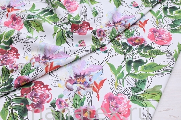 ТКАНЬ ПЛАТЕЛЬНАЯ ХЛОПОК стрейч 6020/200363 Цветы на белом