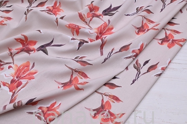 ТКАНЬ ПЛАТЕЛЬНАЯ ЛЁН ВИСКОЗА 6104/200417 Цветы оранж на беж