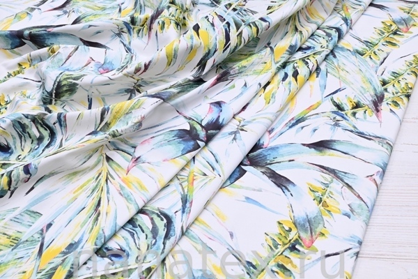 ТКАНЬ ПЛАТЕЛЬНАЯ ХЛОПОК стрейч 6020/200379 Листья тропик бирюза лайм