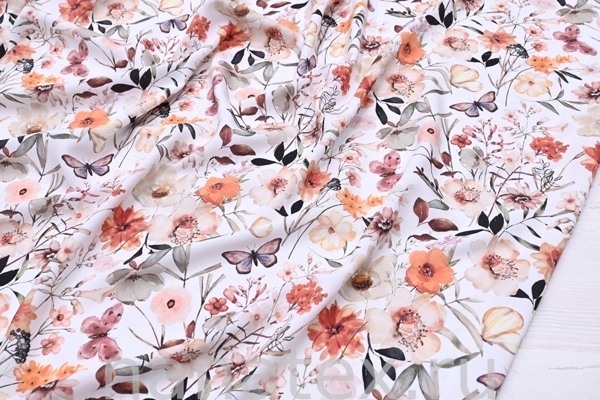 ТКАНЬ ПЛАТЕЛЬНАЯ ШТАПЕЛЬ 1597/200250 Цветы и бабочки оранж олива