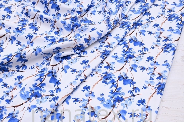 ТКАНЬ ПЛАТЕЛЬНАЯ ХЛОПОК стрейч 6020/200367 Сакура синяя акварель