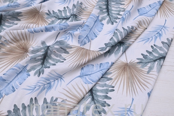 ТКАНЬ ПЛАТЕЛЬНАЯ ЛЁН ВИСКОЗА 6104/200411 Листья голубые беж