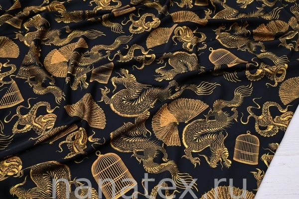ТКАНЬ ПЛАТЕЛЬНАЯ ШЕЛК искусственный 8570/101283 Китайский дракон золото черный