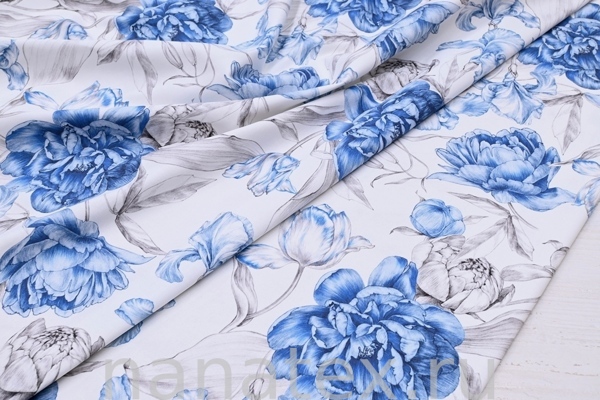 ТКАНЬ ПЛАТЕЛЬНАЯ ХЛОПОК стрейч 6020/200368 Синие пионы на белом