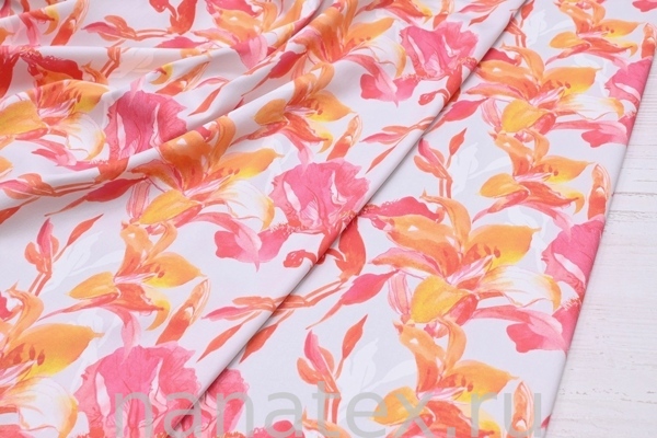 ТКАНЬ ПЛАТЕЛЬНАЯ ХЛОПОК стрейч 6020/200362 Ирисы коралл на св.сером