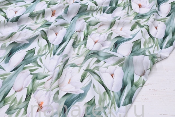 ТКАНЬ ПЛАТЕЛЬНАЯ ВИСКОЗА БАТИСТ 1800/200398 Белые тюльпаны