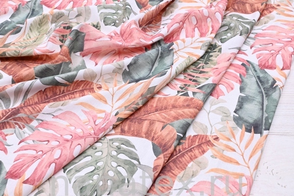 ТКАНЬ ПЛАТЕЛЬНАЯ ЛЁН ВИСКОЗА 6104/200422 Листья розовый малахит