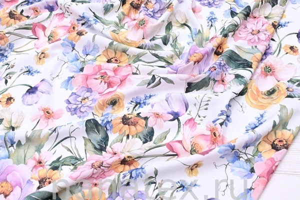 ТКАНЬ ПЛАТЕЛЬНАЯ ШТАПЕЛЬ 1597/200228 Цветы розовый с сиреневым