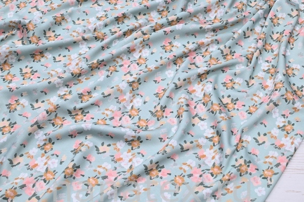 ТКАНЬ ПЛАТЕЛЬНАЯ ВИСКОЗА САТИН стрейч 1330/200315 Цветочки на мятном