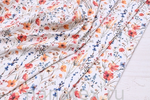 ТКАНЬ ПЛАТЕЛЬНАЯ ХЛОПОК стрейч 6020/200475 Цветочки красные синие
