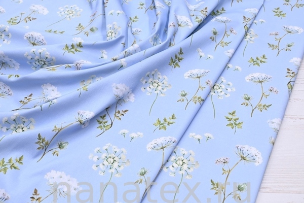 ТКАНЬ ПЛАТЕЛЬНАЯ ХЛОПОК стрейч 6020/200529 Белые цветы на голубом