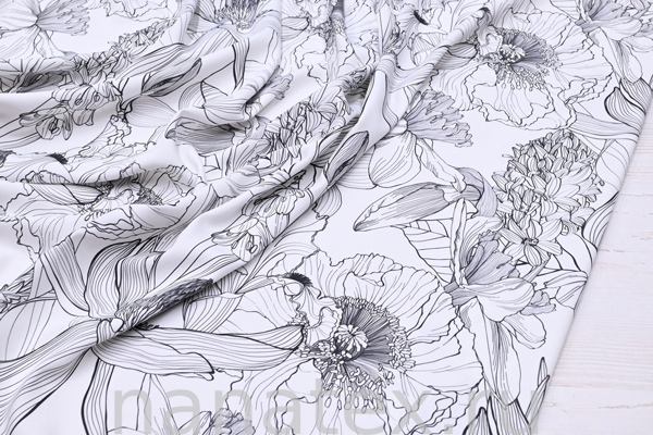 ТКАНЬ ПЛАТЕЛЬНАЯ ВИСКОЗА ТВИЛ 1430/200522 Цветочный принт черно-белый