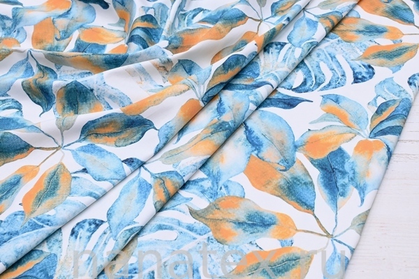 ТКАНЬ ПЛАТЕЛЬНАЯ ХЛОПОК стрейч 6020/200360 Листья бирюза горчица