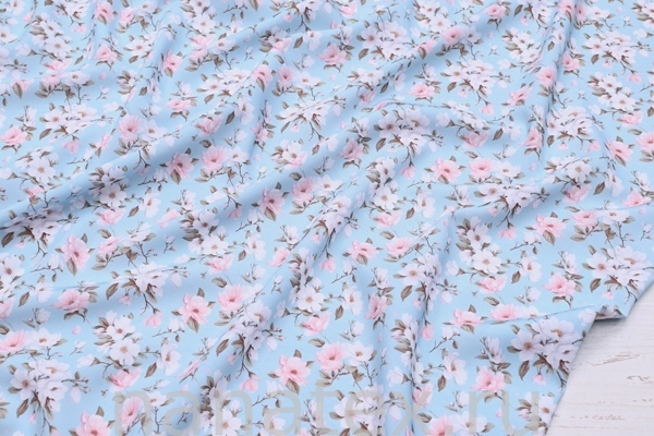 ТКАНЬ ПЛАТЕЛЬНАЯ ШТАПЕЛЬ 1597/200351 Цветочки на св.бирюзе