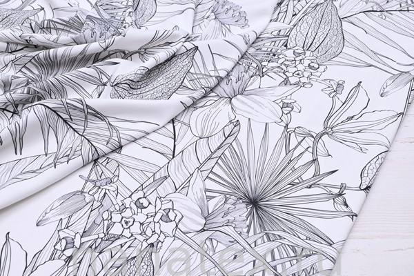 ТКАНЬ ПЛАТЕЛЬНАЯ ВИСКОЗА ТВИЛ 1430/200523 Листья черно-белые