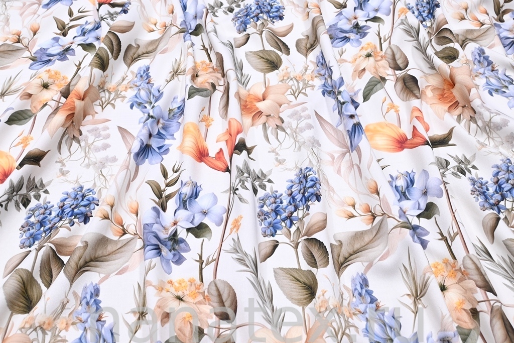 ТКАНЬ ПЛАТЕЛЬНАЯ ВИСКОЗА ТВИЛ 1430/200296 Голубые цветы на кремовом