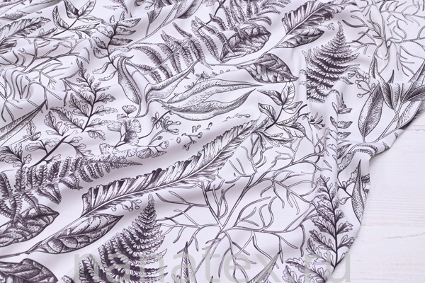 ТКАНЬ ПЛАТЕЛЬНАЯ ШТАПЕЛЬ 1597/200491 Листья графит кремовый