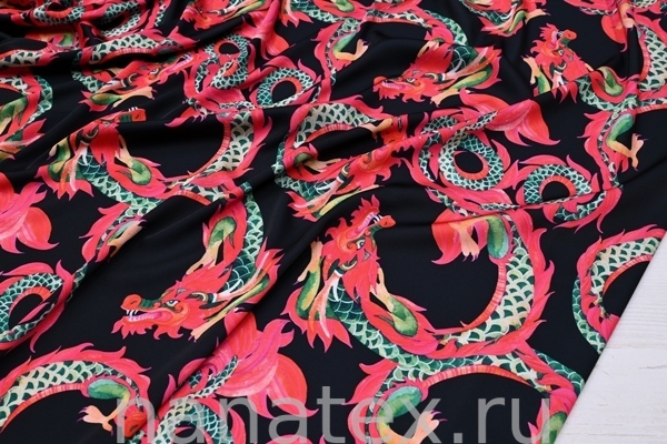 ТКАНЬ ПЛАТЕЛЬНАЯ ШЕЛК искусственный 8570/101285 Драконы на черном