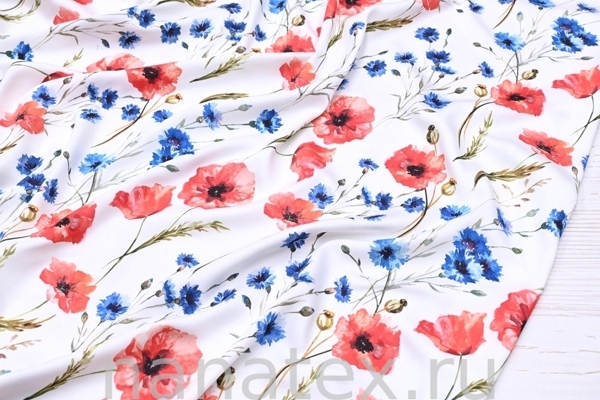 ТКАНЬ ПЛАТЕЛЬНАЯ ВИСКОЗА САТИН стрейч 1330/200314 Маки васильки