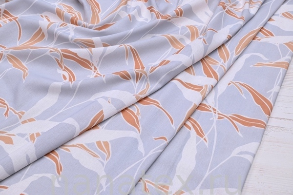 ТКАНЬ ПЛАТЕЛЬНАЯ ЛЁН ВИСКОЗА 6104/200418 Листья беж на св.сером