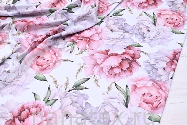 ТКАНЬ ПЛАТЕЛЬНАЯ ВИСКОЗА САТИН стрейч 1330/200504 Пионы белые розовые