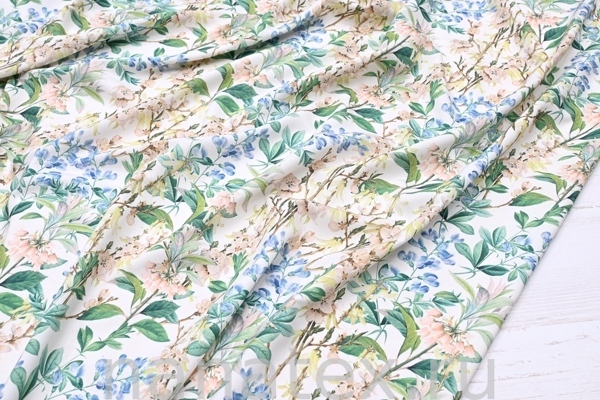 ТКАНЬ ПЛАТЕЛЬНАЯ ШТАПЕЛЬ 1597/200305 Цветы беж с голубым