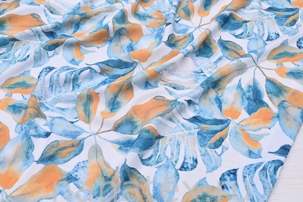 ТКАНЬ ПЛАТЕЛЬНАЯ ШТАПЕЛЬ 1597/200349 Листья бирюза горчица