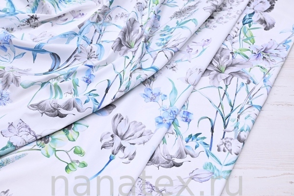 ТКАНЬ ПЛАТЕЛЬНАЯ ХЛОПОК стрейч 6020/200535 Растительный дизайн бирюза