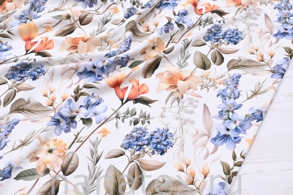 ТКАНЬ ПЛАТЕЛЬНАЯ ВИСКОЗА ТВИЛ 1430/200296 Голубые цветы на кремовом