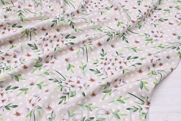 ТКАНЬ ПЛАТЕЛЬНАЯ ВИСКОЗА ТВИЛ 1430/200261 Цветочки и горох на бежевом